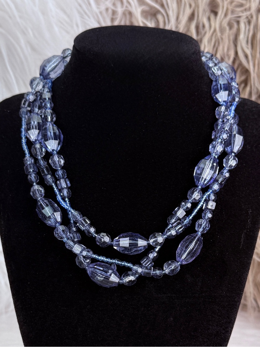 Vintage Blue Triple Strand Beaded Necklace Statement Layered Boho Chic